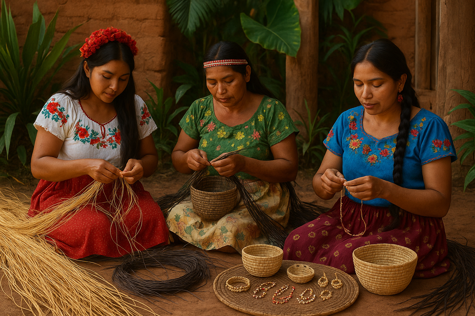 Guarani frauen aus paraguay die schmuck und körbe aus karaguata und karandilla fertigen